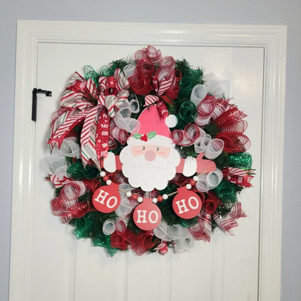 Festive SANTA HO HO HO Holiday Christmas Wreath - Red, Green, White